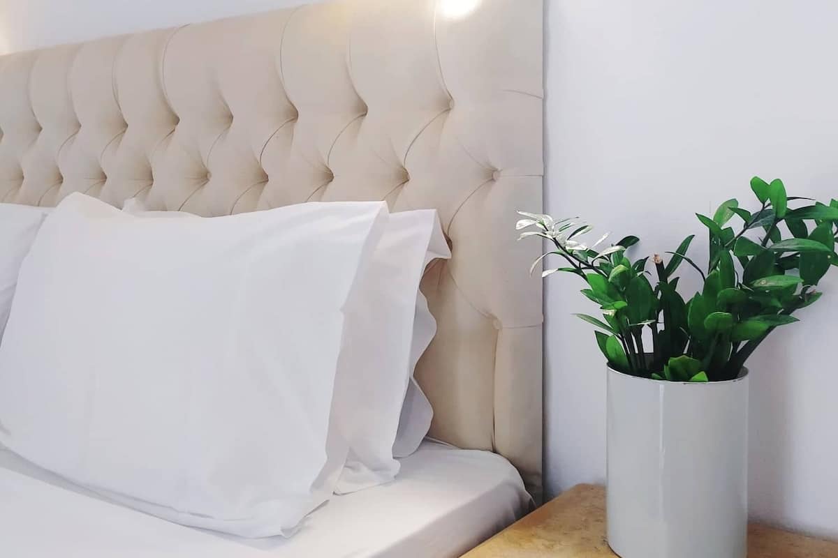 A neatly made bed with white linens, a tufted headboard, a bedside lamp, and a potted plant on a wooden nightstand.