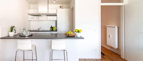 Departamento Confort, 1 cama Queen size y sofá cama | Cocina privada | Refrigerador con congelador, cafetera de espresso y cafetera y tetera