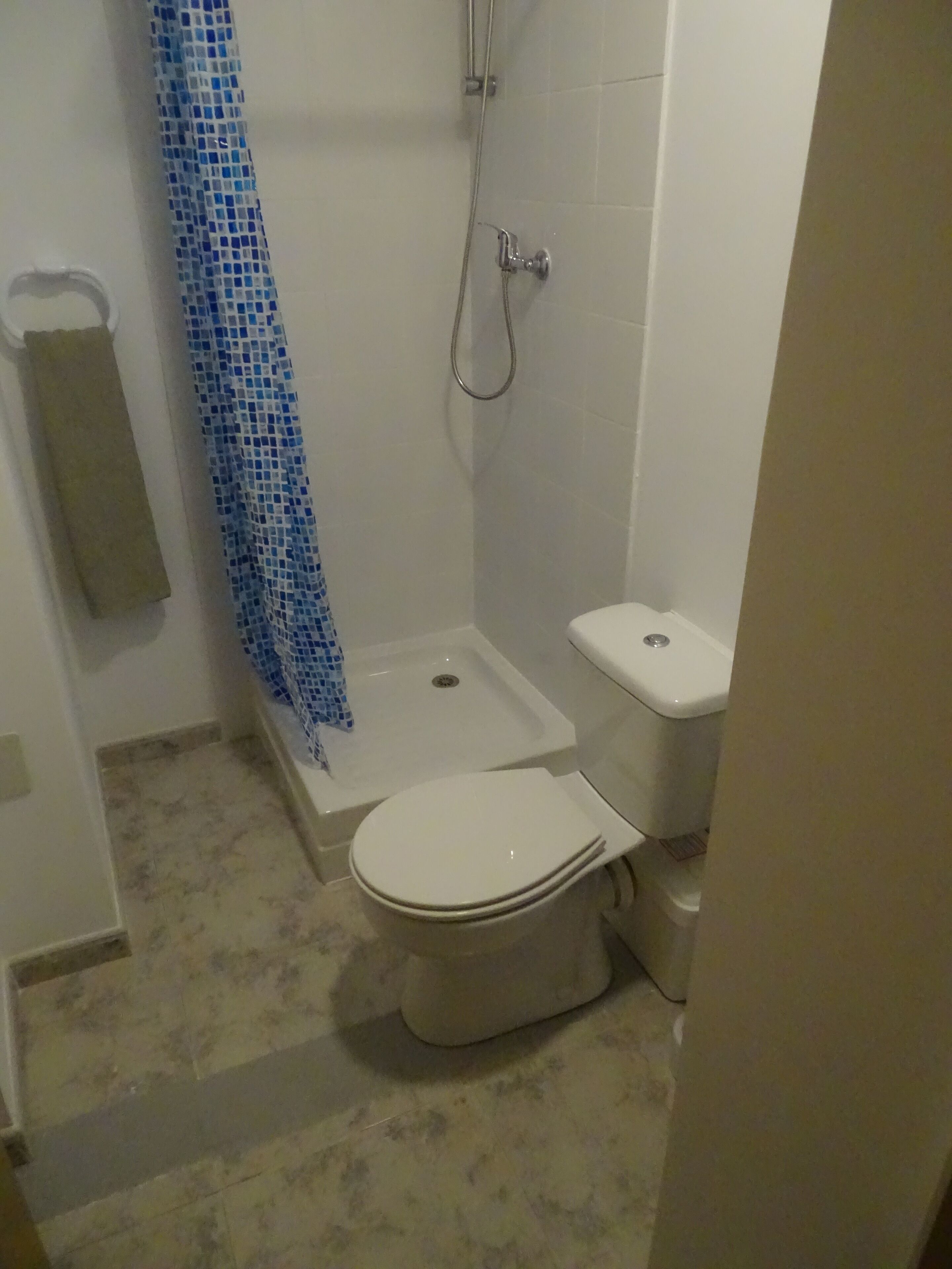 Een kleine badkamer met een toilet, een douche en een wastafel.