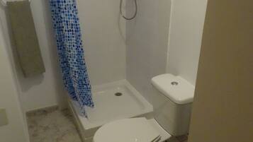 Een kleine badkamer met een toilet, een douche en een wastafel.