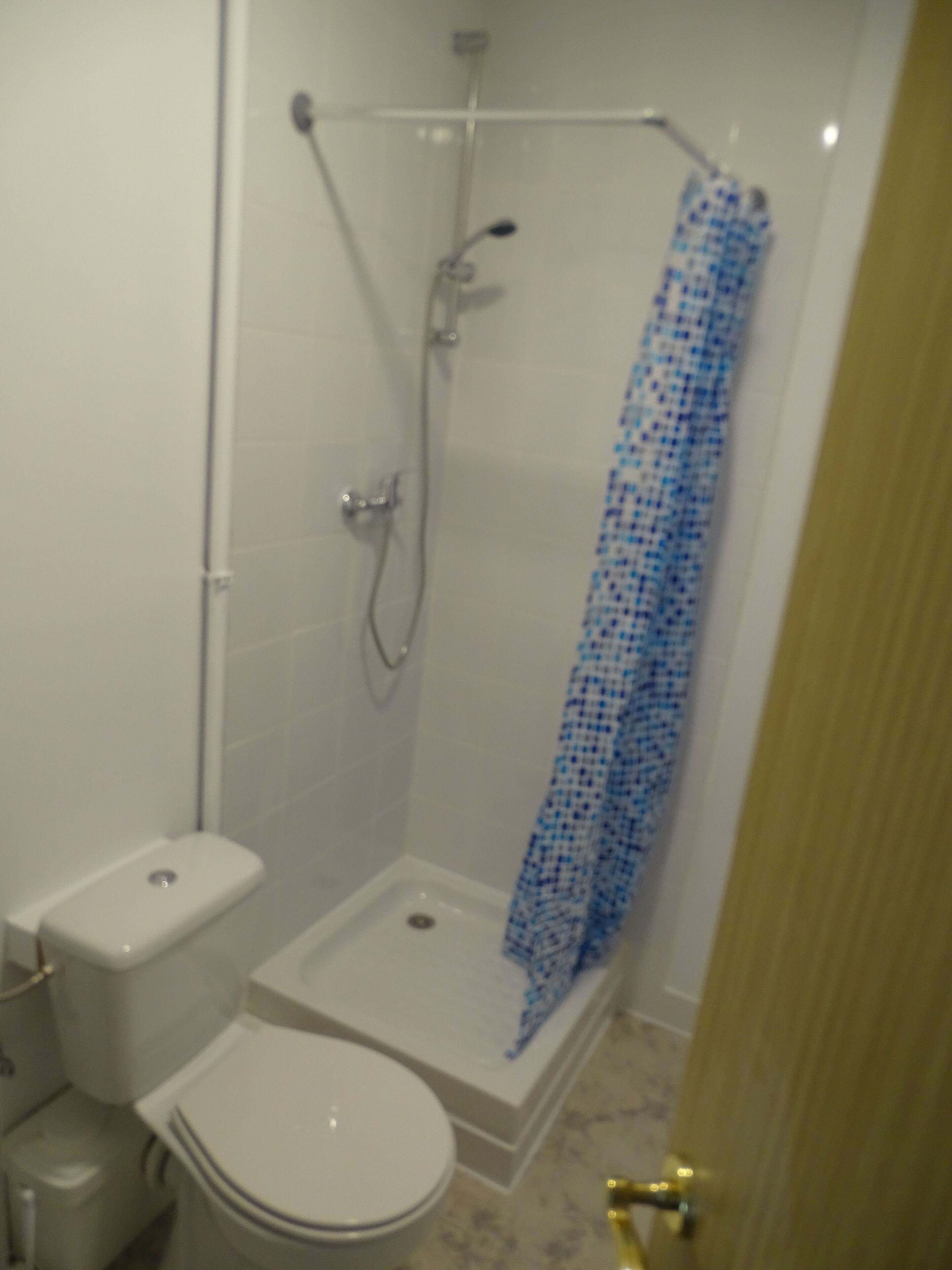 A small bathroom with a toilet, a shower stall, and a shower curtain.