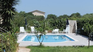 Una piscina con sillones de descanso y sombrillas, rodeada de vegetación y un sendero de piedra.
