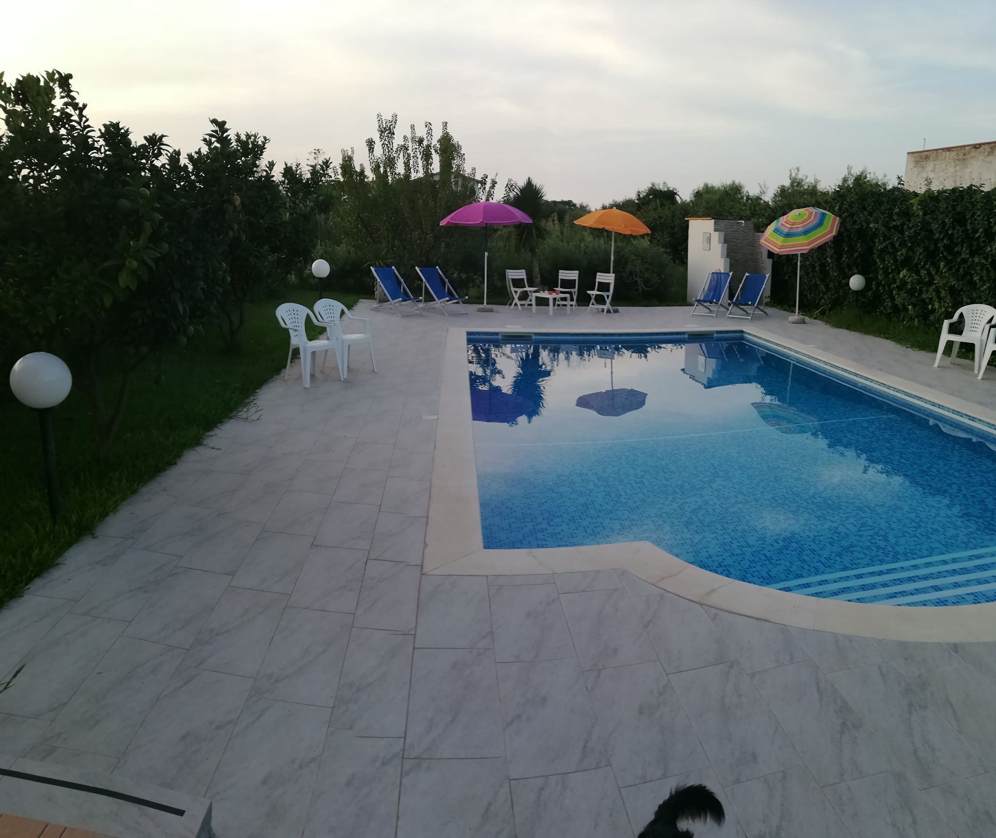 Ein Schwimmbecken mit Fliesenboden, umgeben von Liegestühlen und Sonnenschirmen.