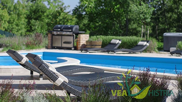 A poolside area with lounge chairs, a barbecue grill, and a water feature. - Quiet holiday house with large pool on the outskirts of Rezanci (Rezanci)