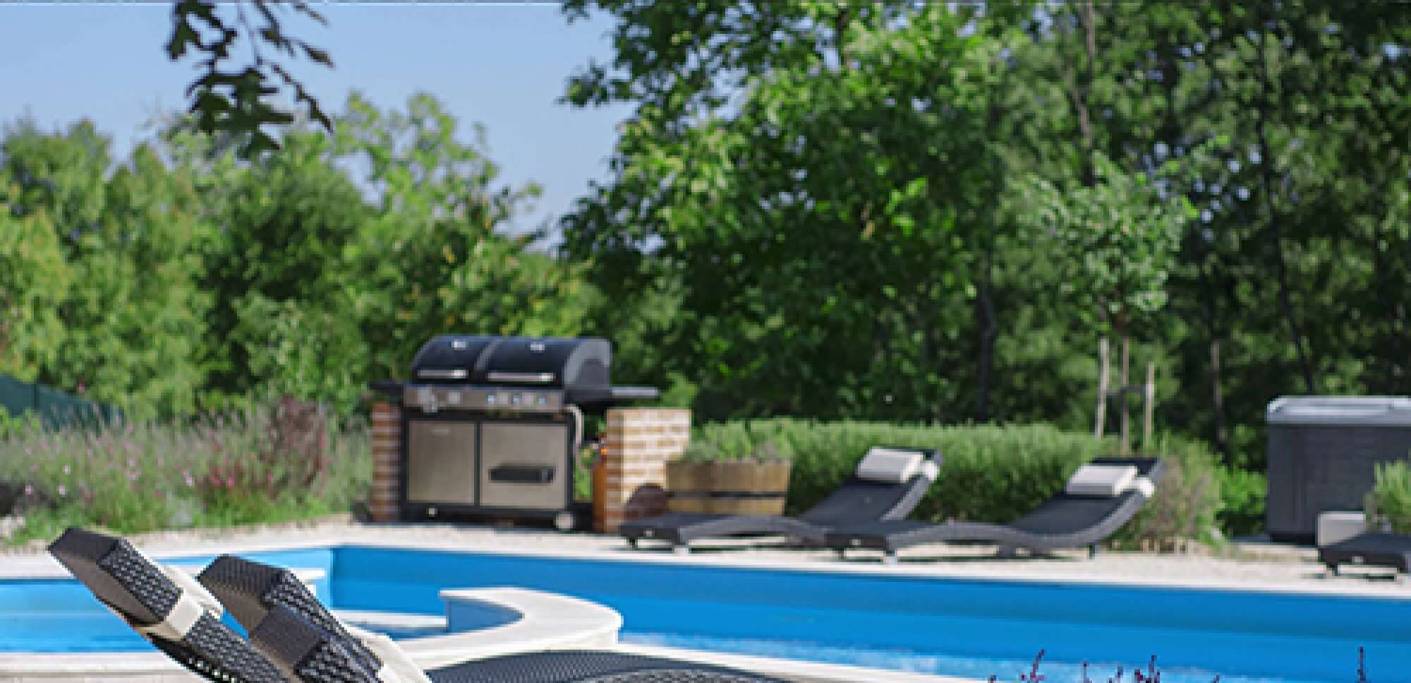 Un espace aménagé au bord de la piscine, avec des chaises longues, un barbecue et un élément décoratif aquatique.