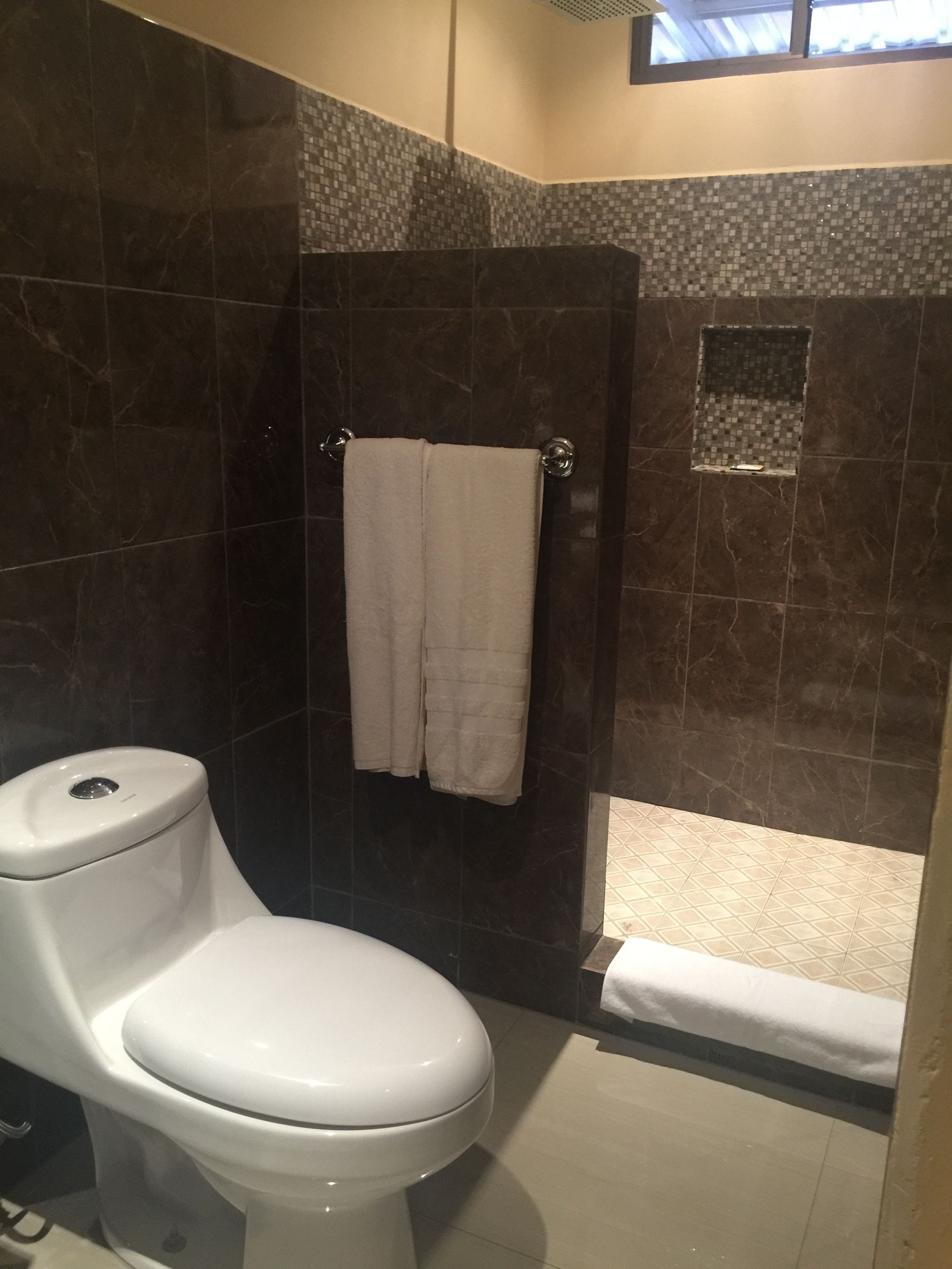 shower, free toiletries, towels