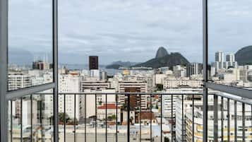 Panoramic city views from a high-rise building, with a prominent mountain peak in the distance.
