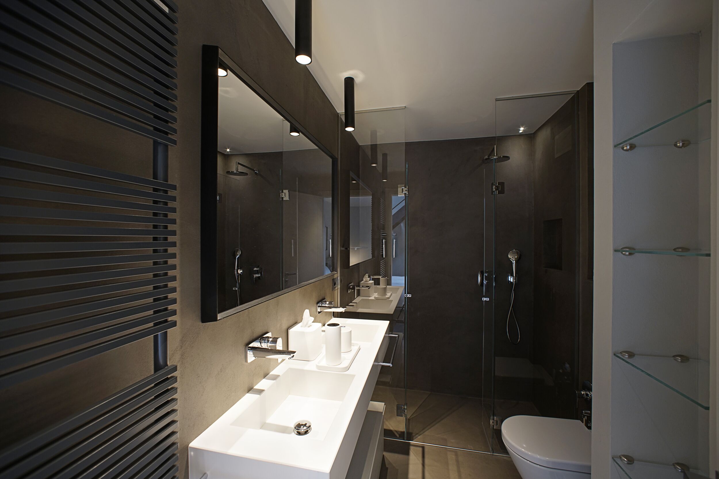 A modern bathroom with two sinks, a toilet, and a glass-enclosed shower.