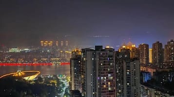 A nighttime cityscape with high-rise buildings, a river, and a Ferris wheel.