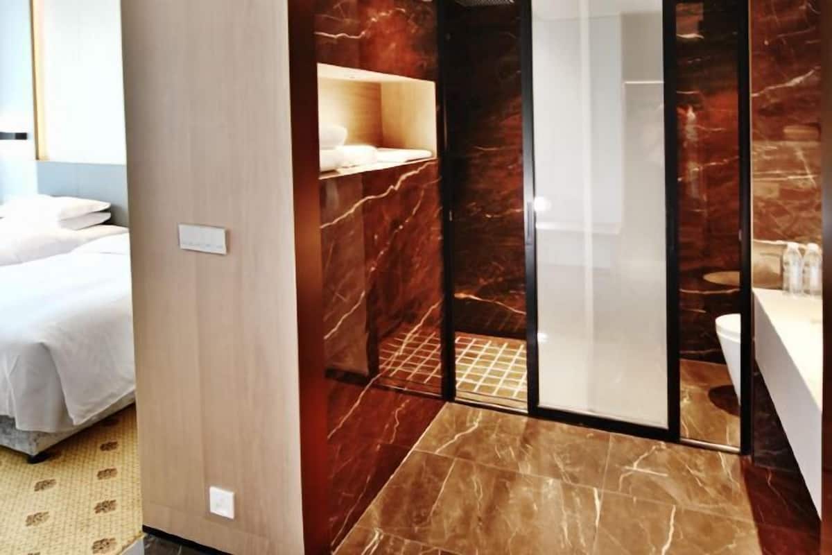Una camera d'albergo con un letto, un bagno con specchio e zona doccia.