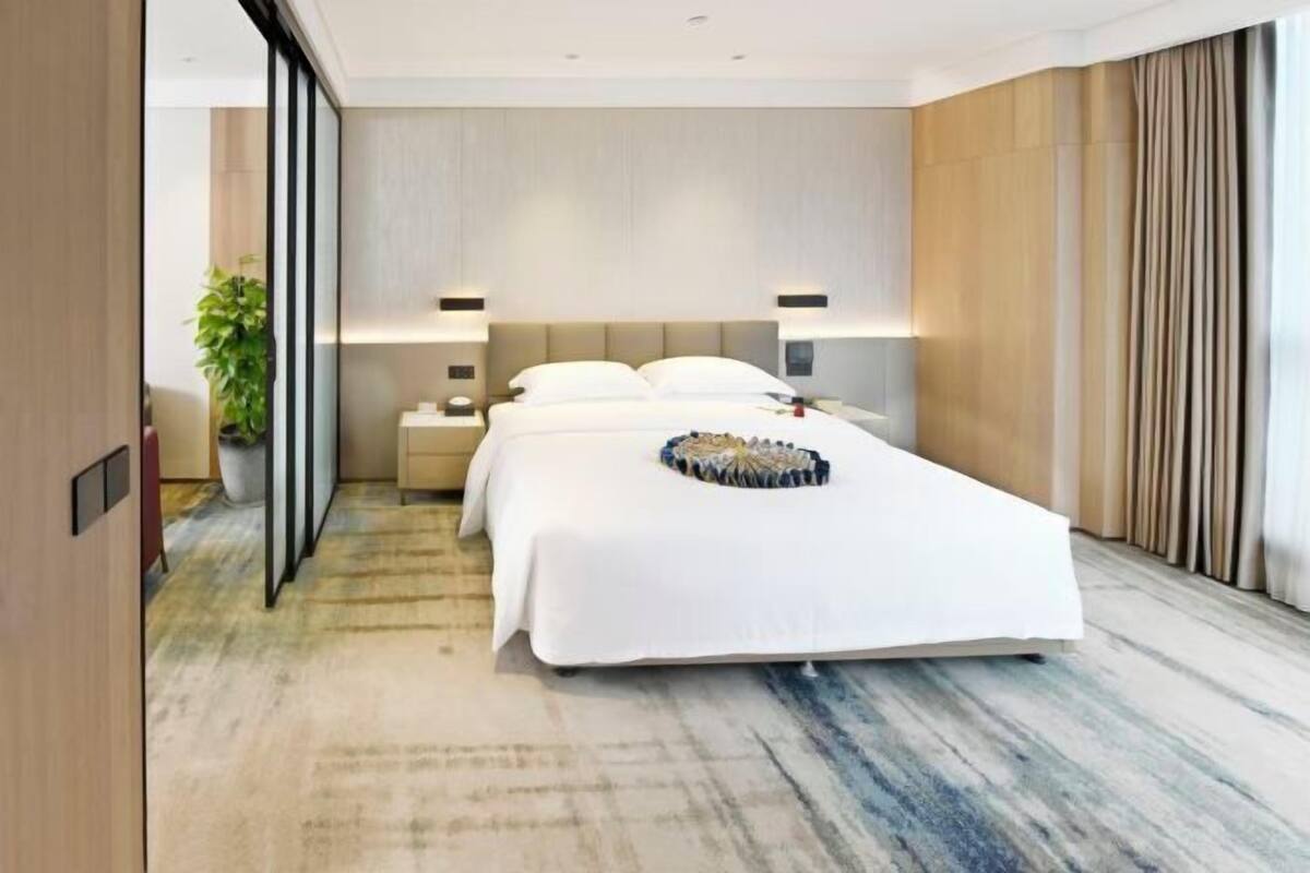 Una moderna camera d'albergo con un letto grande, comodini, una lampada da notte, una pianta in vaso e vista sulla città.