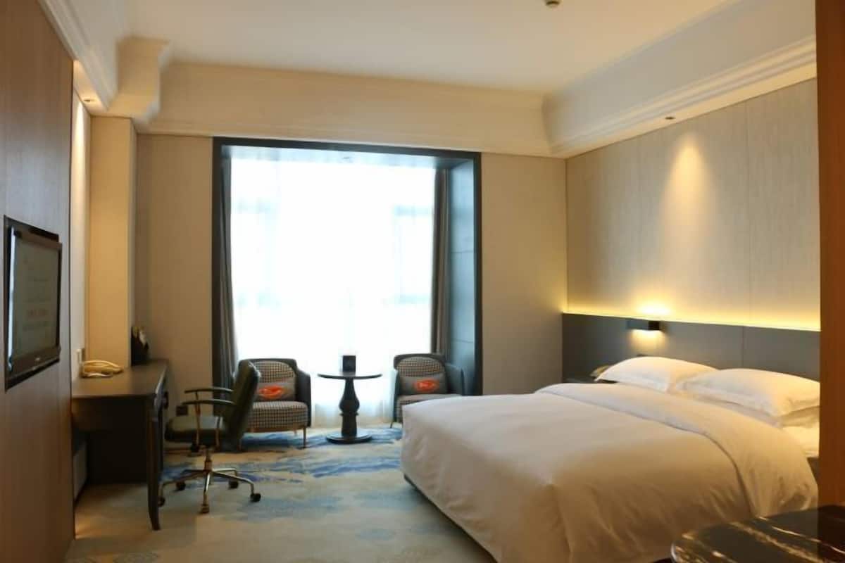 Una camera d'albergo con un letto, una scrivania, due sedie, un tavolino e un'ampia finestra.