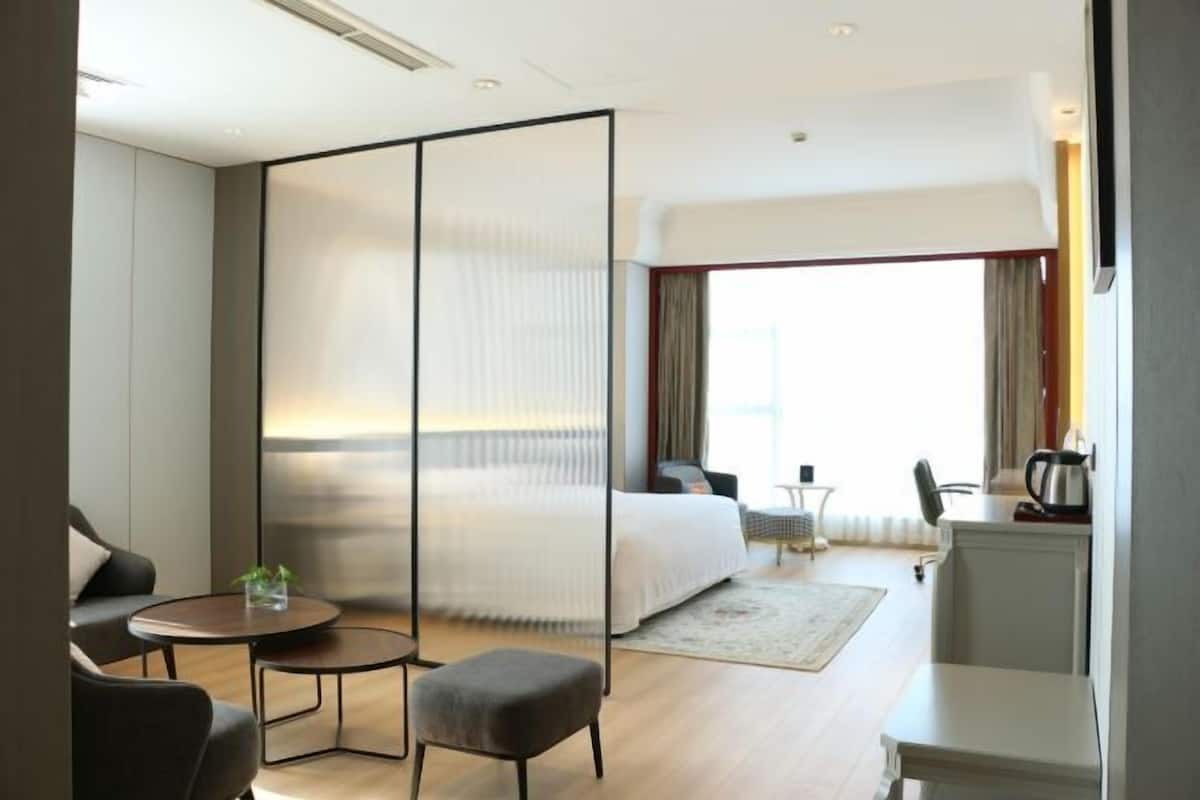 Una moderna camera d'hotel con un letto grande, un'area salotto con tavolo e sedie, una scrivania con sedia e vista sulla città dalla finestra.