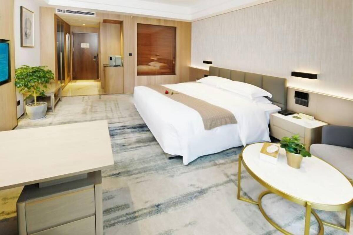 Una camera d'albergo con un letto, un comodino, una lampada e un tavolino con una pianta.
