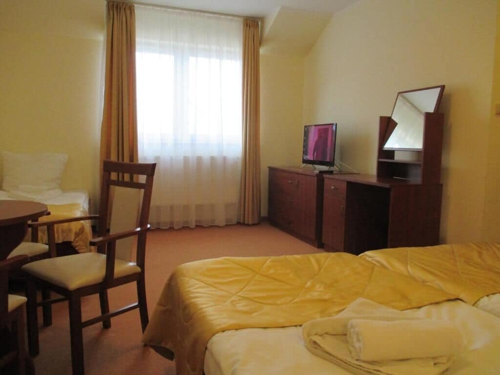 Une chambre d’hôtel équipée d’un lit, d’un bureau, d’une chaise, d’une télévision et d’un miroir.