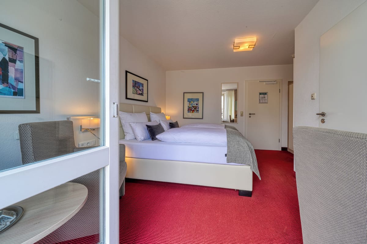 A hotel room with a bed, a red carpet, a sofa, and a mirror.