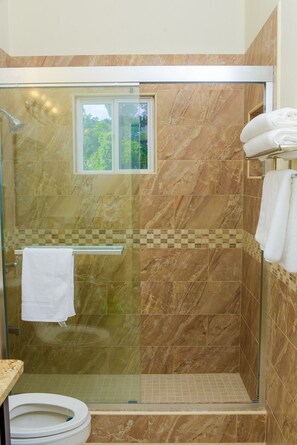 Dusche, Haartrockner, Handtücher, Seife