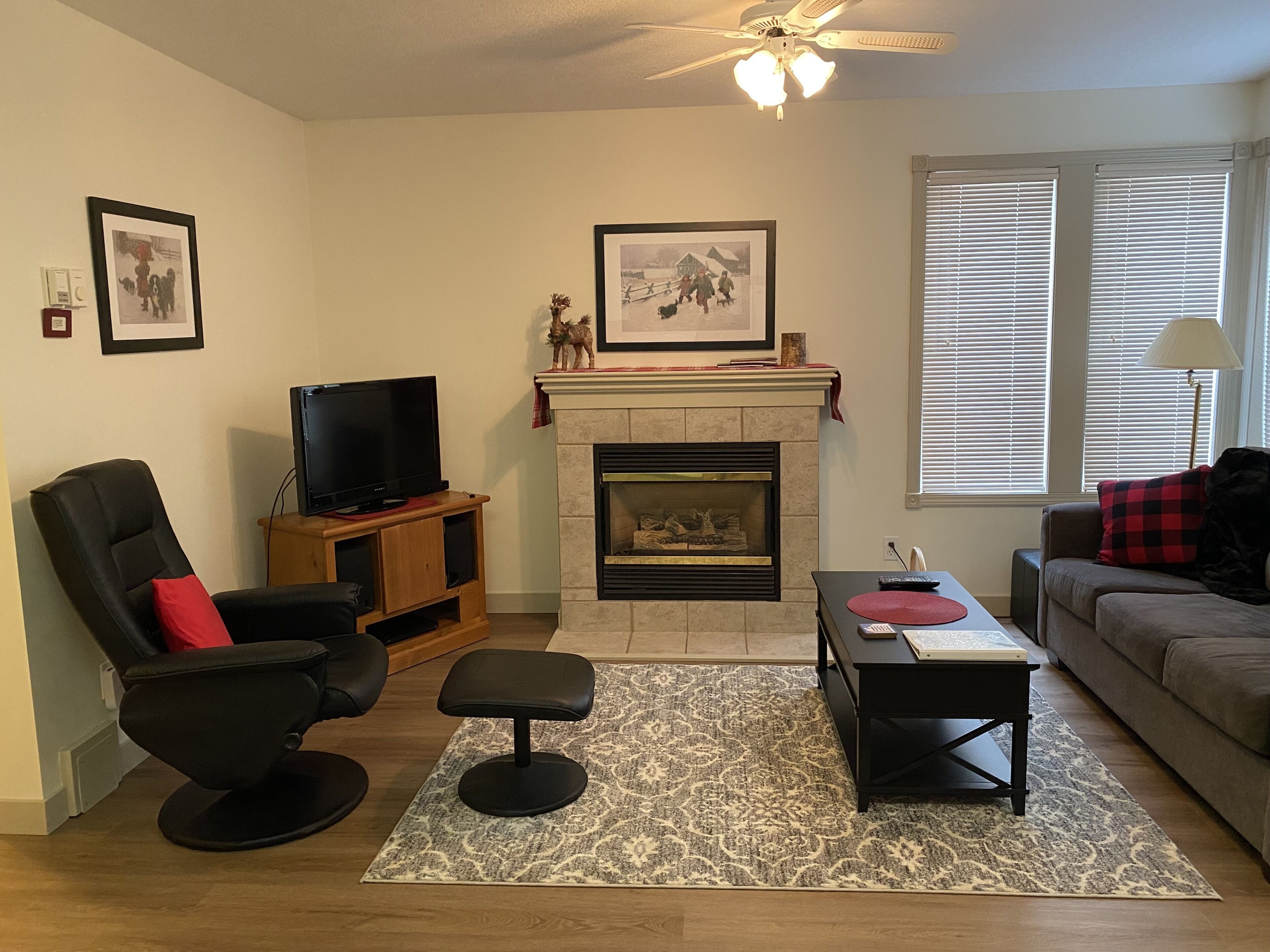Un salon avec une cheminée, un téléviseur posé sur un meuble en bois, un fauteuil en cuir noir, un coussin rouge, un tapis gris à motifs et un canapé agrémenté d’un coussin rouge et noir.