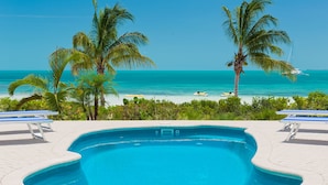A pool with a view of the ocean and palm trees. - Coconut Beach Villa! BEACHFRONT Sapodilla! Private Pool! Luxury Family Friendly! (Providenciales)