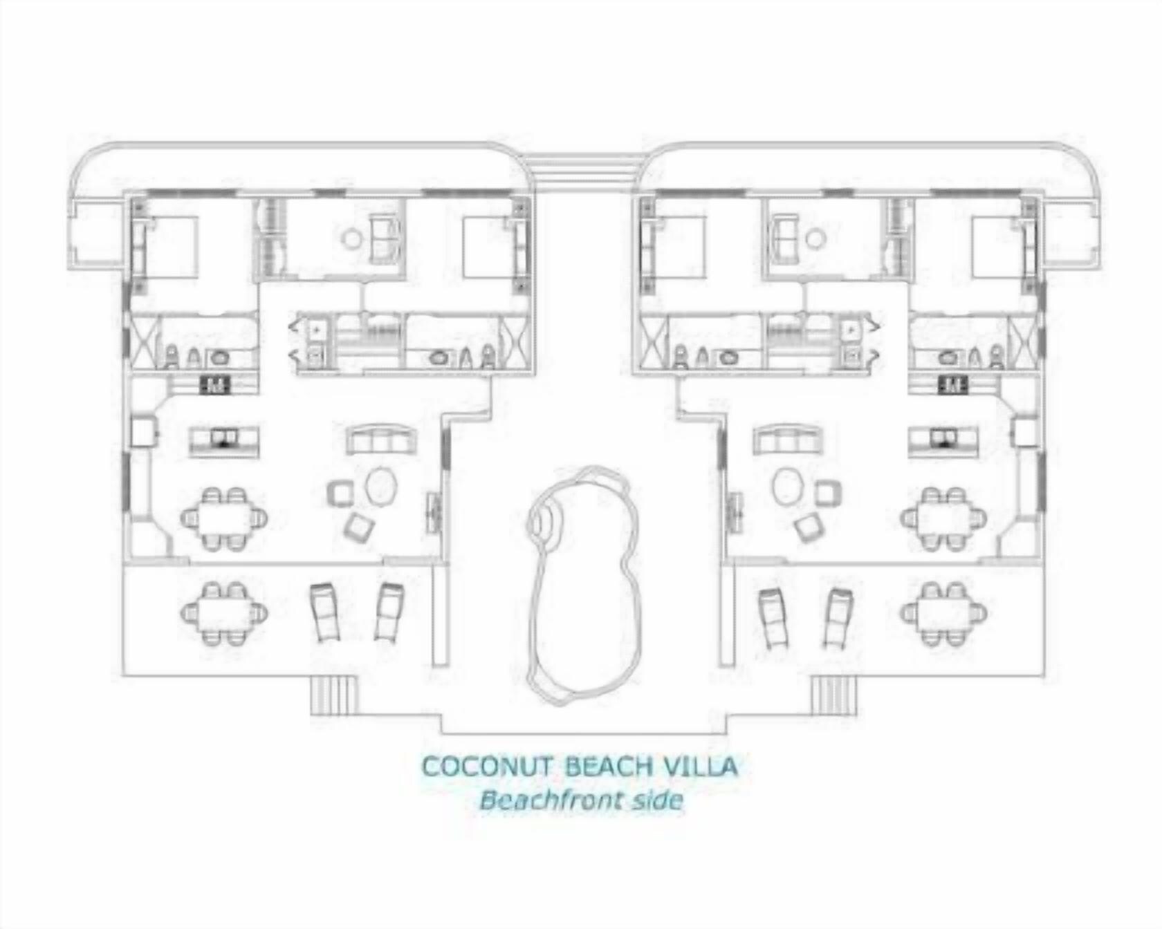 Grundriss der Coconut Beach Villa, der eine strandnahe Anordnung mit zwei Schlafzimmern, einem Badezimmer, einer Küche und einem Essbereich zeigt.