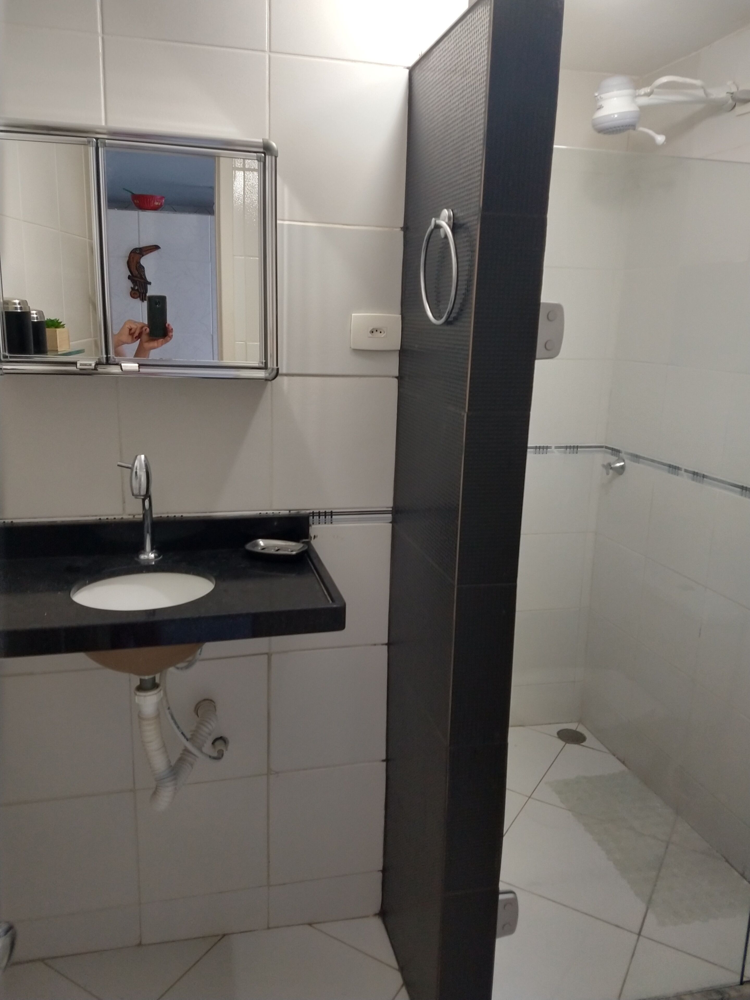 Une salle de bain avec un lavabo blanc, un miroir et un espace douche.