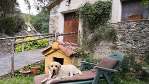 Un chien est allongé sur une chaise devant une maison en pierre, qui a une porte en bois et une petite niche.
