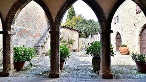 An arched courtyard with stone walls, potted plants, and a cobblestone path. - Panoramic castle with large pool on the walls. Ideal for weddings and events (Poggibonsi)
