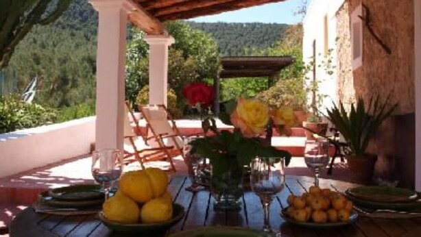 An outdoor dining area with a table set for two, surrounded by chairs, a potted plant, and a view of a forested hill. - Country holiday home - San jose (sant Josep de sa Talaia)