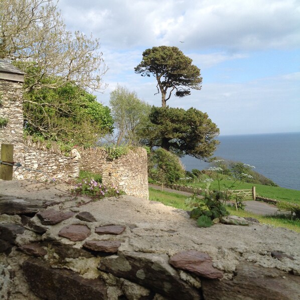A stone wall with a stone pathway leading to a grassy area with a view of the sea.