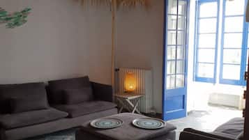 Televisión, chimenea, reproductor de DVD, libros