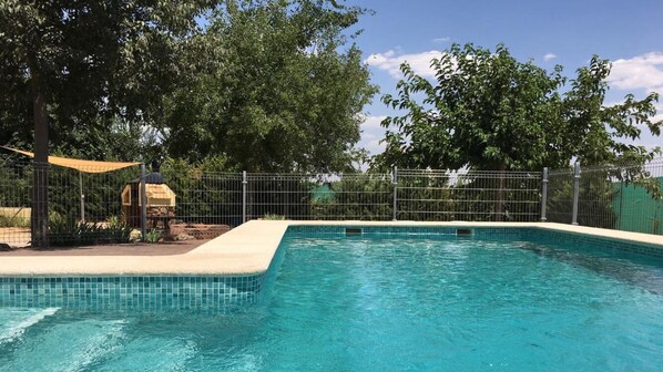 Una piscina con borde de azulejos, rodeada por una valla metálica y árboles al fondo.