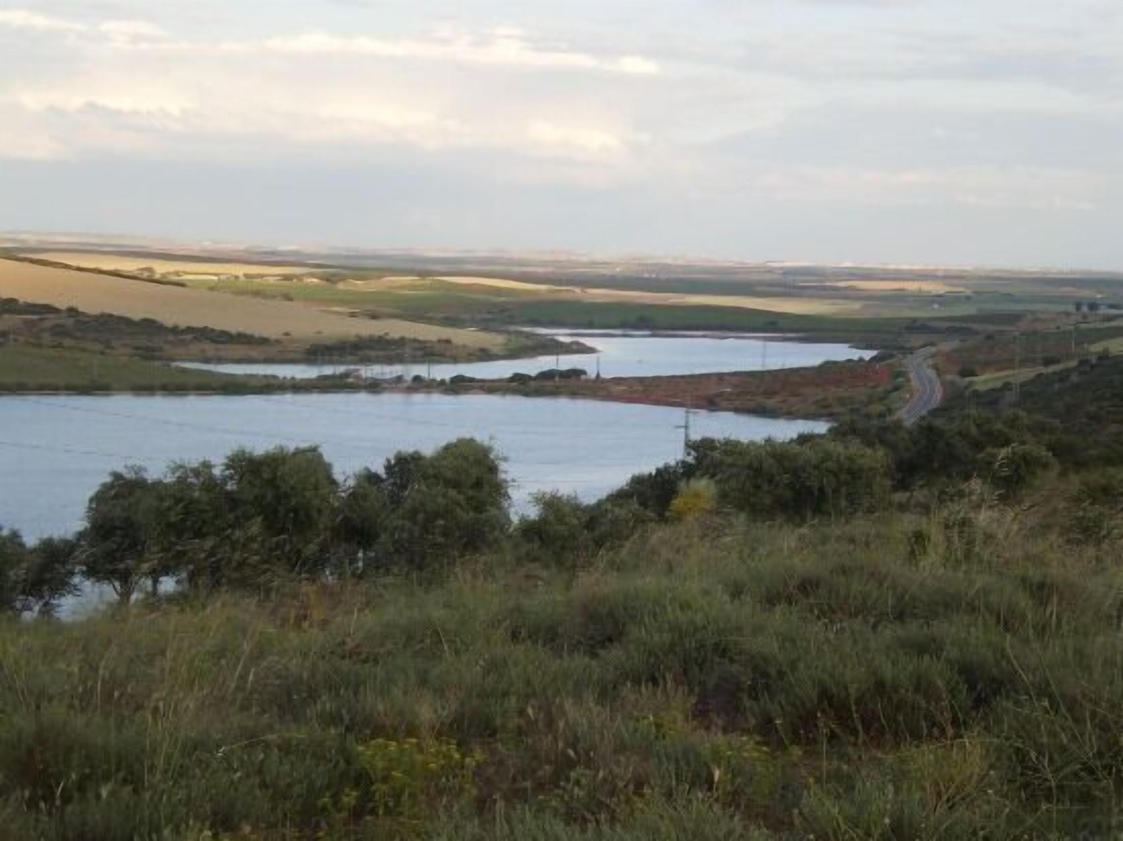 A river winding through a hilly landscape with a road curving alongside.