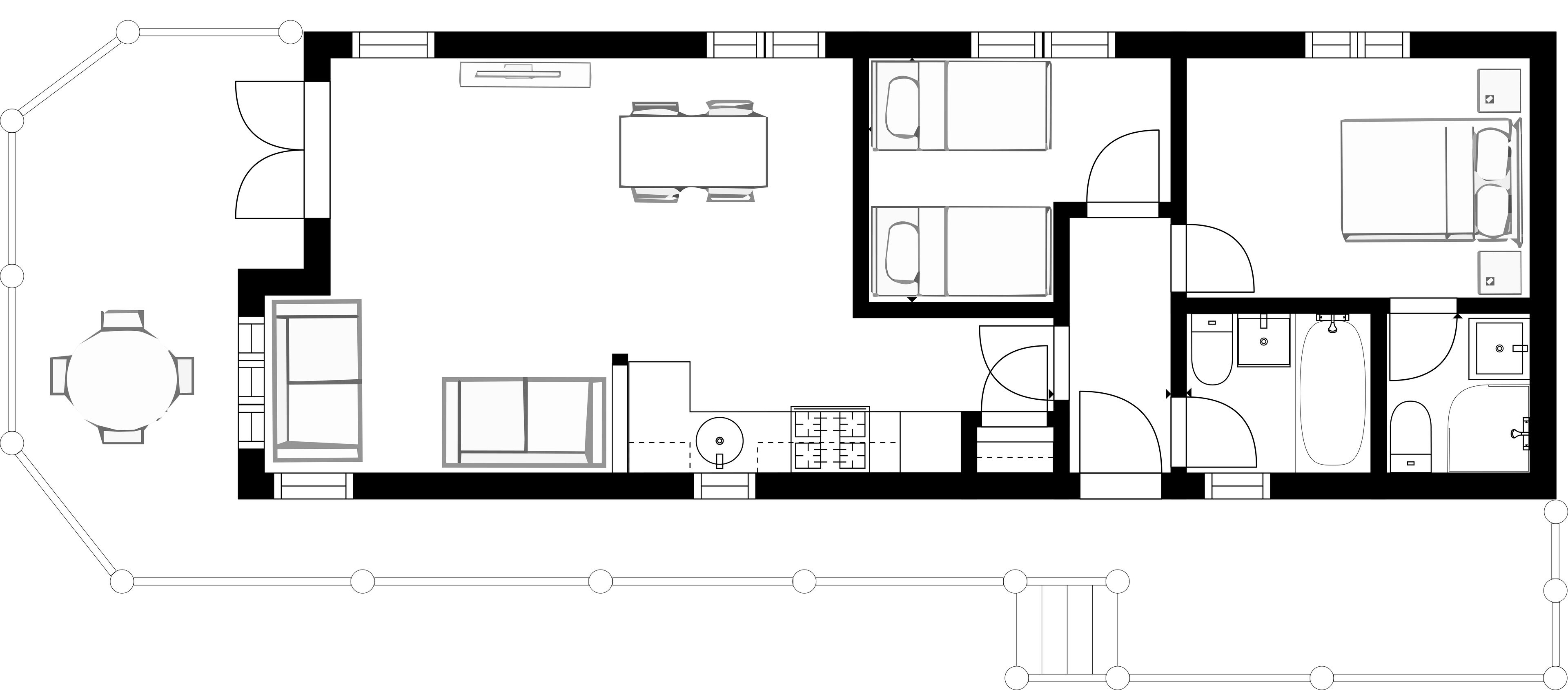 A floor plan of a hotel with a kitchen, dining area, two bedrooms, a bathroom, and a small living room.