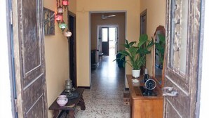 Un pasillo con una puerta de madera a la izquierda, una mesita con un jarrón y una lámpara, y una planta en maceta a la derecha.