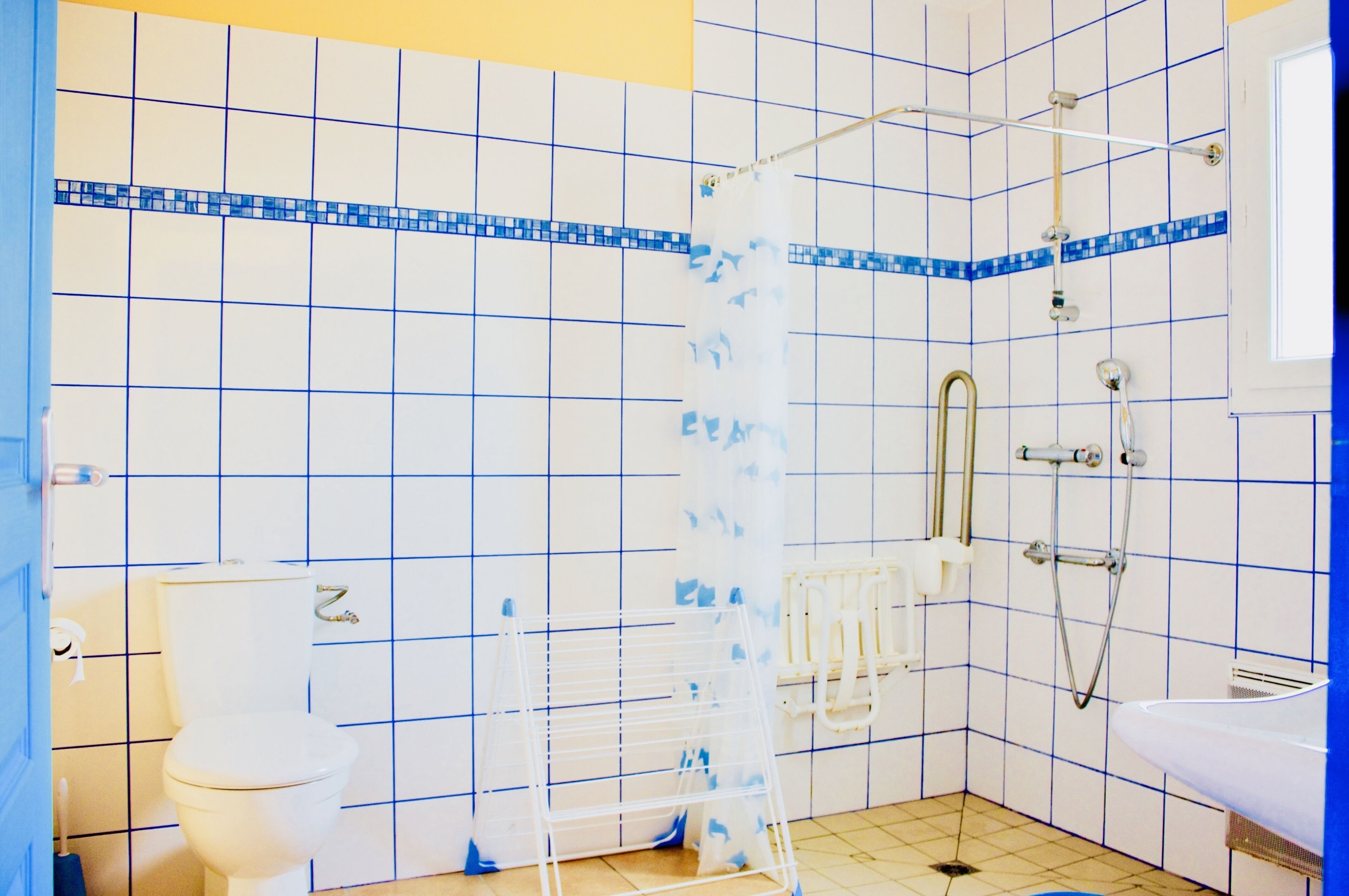 Une salle de bain avec des toilettes, une douche et un lavabo.