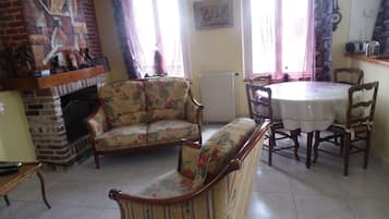 Televisión, chimenea, reproductor de DVD y libros