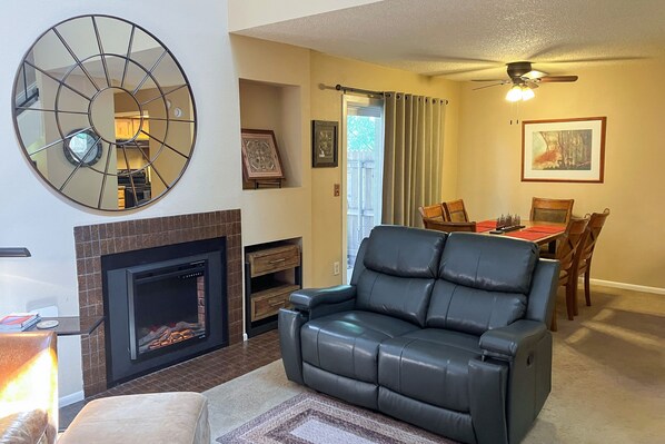 TV, fireplace, DVD player, books