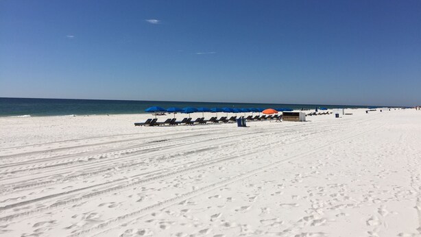 Ein Strand mit Reihen von Liegestühlen und Sonnenschirmen, einem klaren Himmel und dem Meer im Hintergrund.