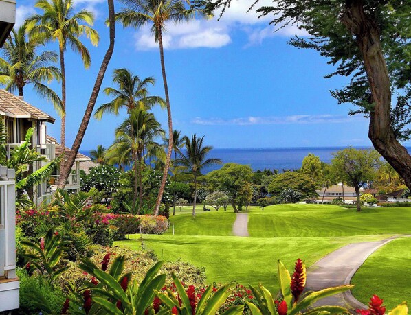 A lush green golf course with a clear view of the ocean, surrounded by palm trees and tropical plants.