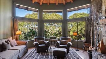 TV, lareira, mesa de pingue-pongue, livros