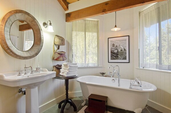 Combined shower/bathtub, hair dryer, towels