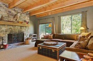 Télévision, cheminée, table de tennis de table, livres