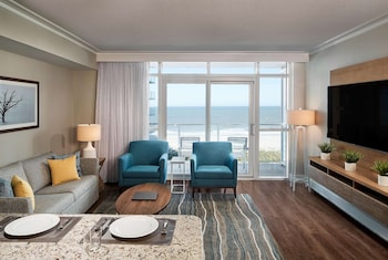 Hotel room view looking out at Hilton Grand Vacations Club Ocean Enclave Myrtle Beach