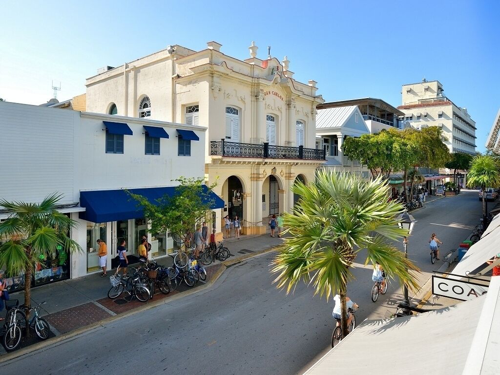 A street view with a building labeled "San Carlos" and a palm tree in the foreground.
