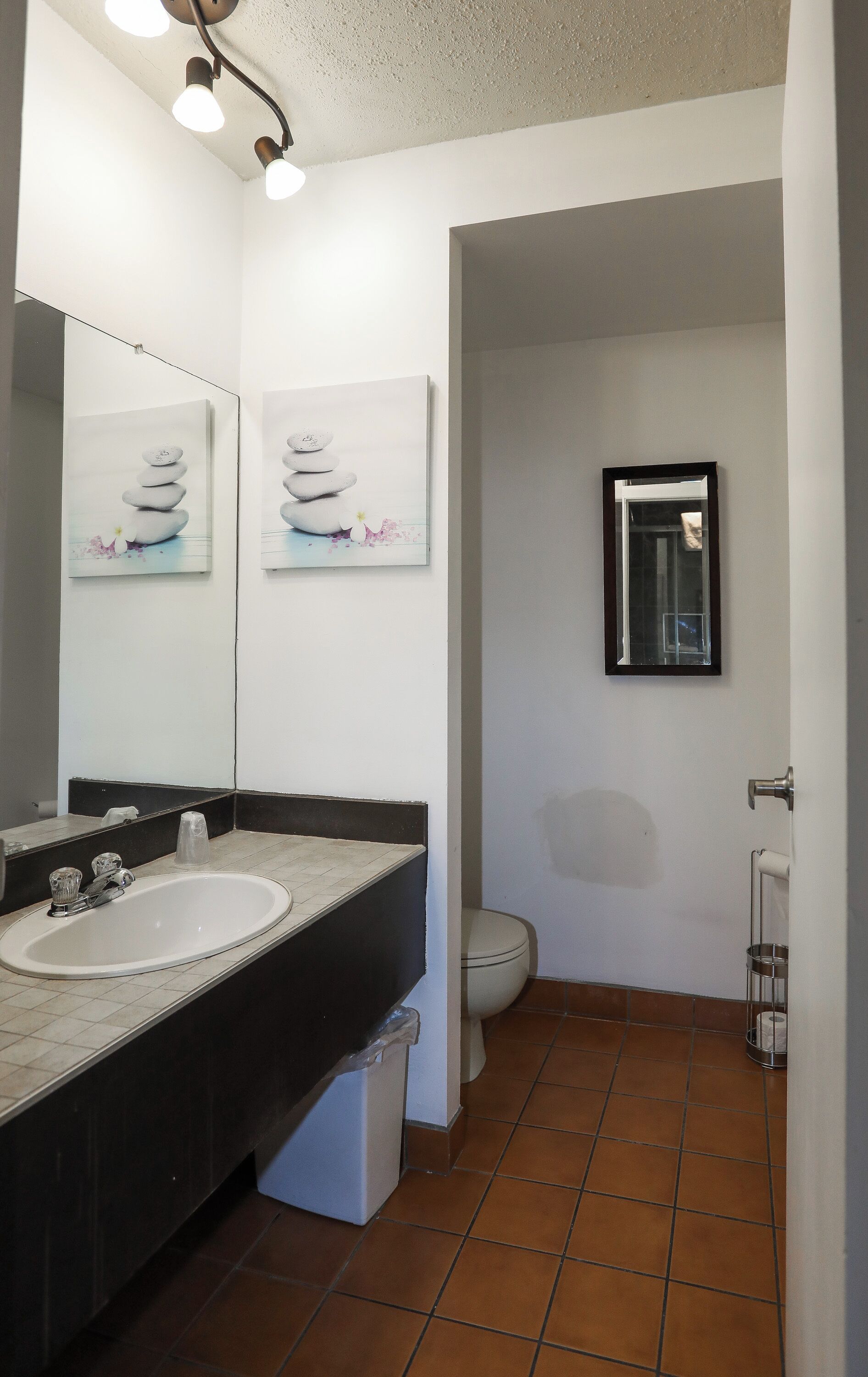 Een badkamer met een wit wastafel, toilet en spiegel. Er hangen twee schilderijen aan de muur, een prullenbak en een handdoekhouder.