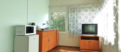 A compact kitchen with a microwave, sink, and a television on a wooden cabinet.
