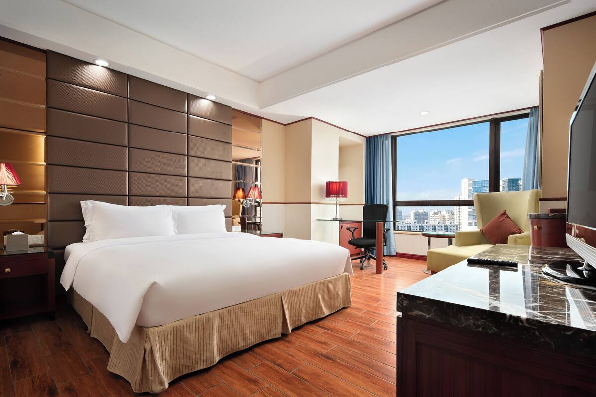 A hotel room with a large bed, a desk, a chair, a TV, and a view of the city.