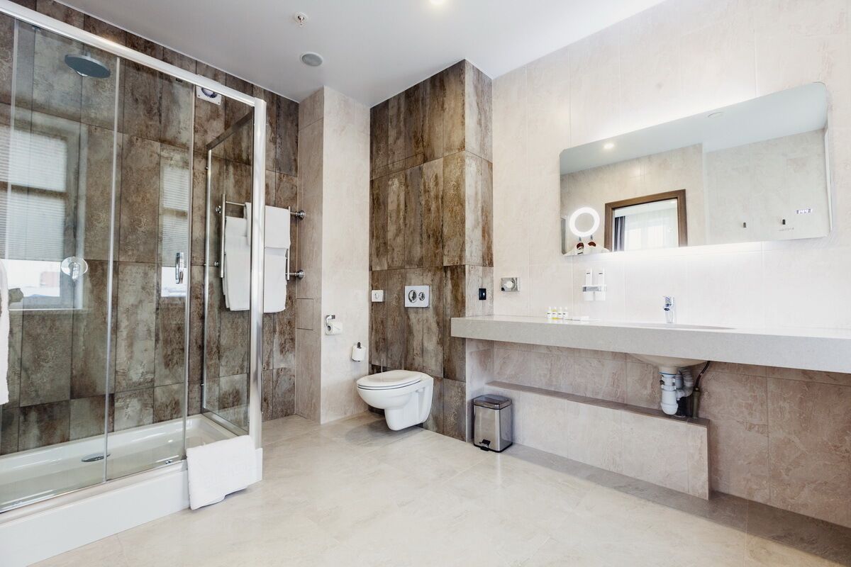 A modern bathroom with a glass-enclosed shower, a toilet, and a large mirror above the sink.