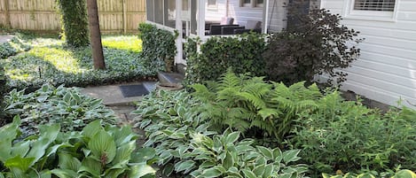 A house with a covered porch, a wooden fence, and various green plants.