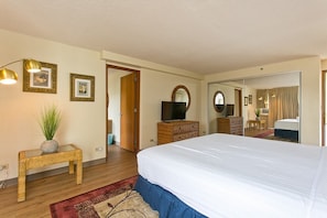 Quarto de hotel com uma cama grande, televisão, espelho e porta que dá para outro cômodo.